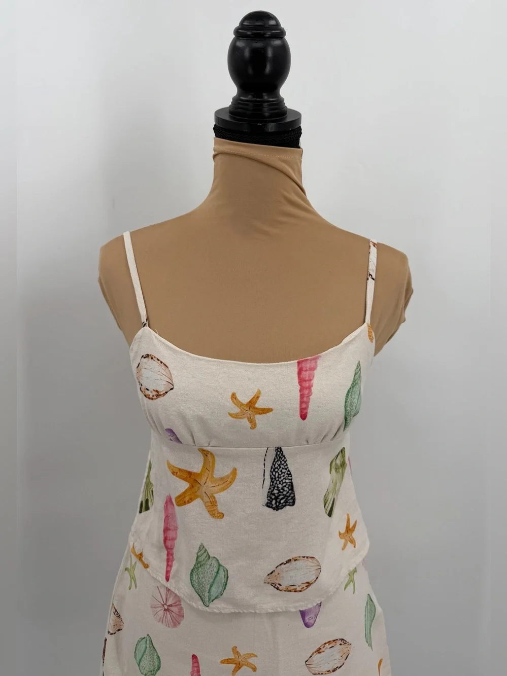 Seashell print matching set linen look XS S Coastal euro summer vacation resort